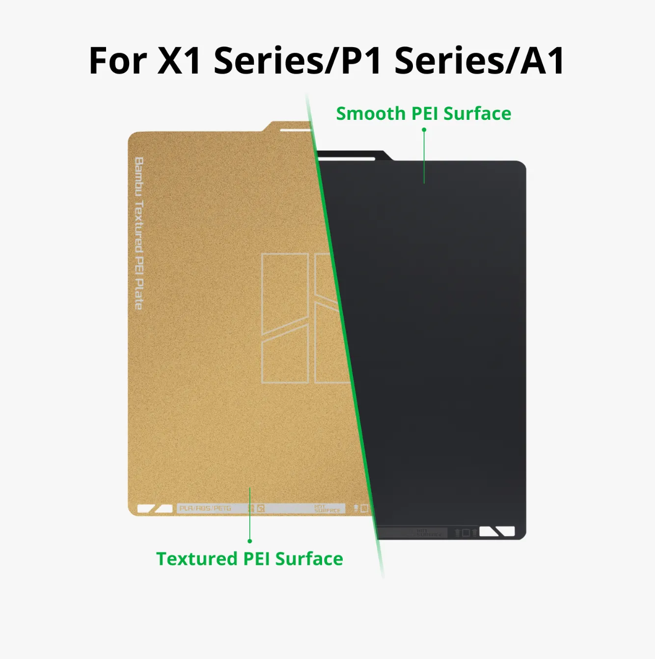 Bambu Dual-Texture PEI Plate 3D printer build plate for A1 P1P P1S X1C X1E showing textured PEI and smooth PEI surfaces