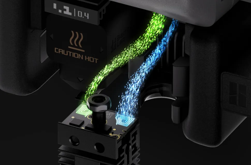 Bambu Lab H2C multi material printing flow with dual filament paths