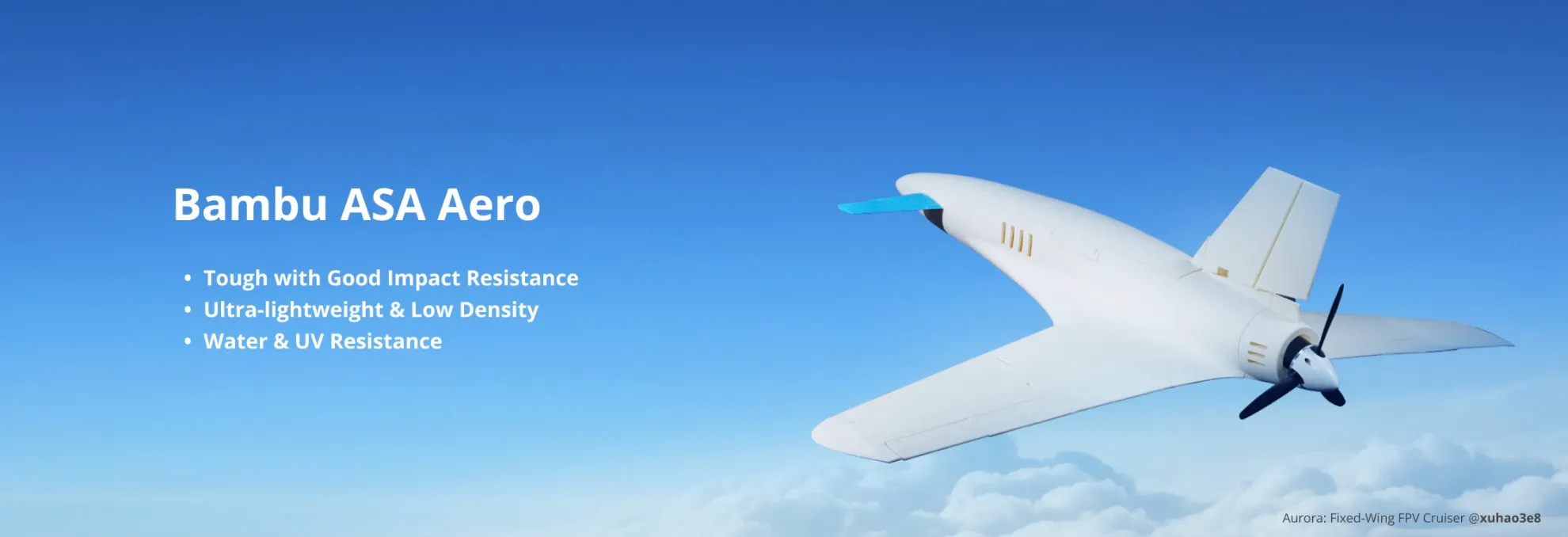 Bambu Lab ASA Aero White Filament Color Code 46100 feature banner showing lightweight fixed wing FPV aircraft and key properties including low density water resistance and UV resistance