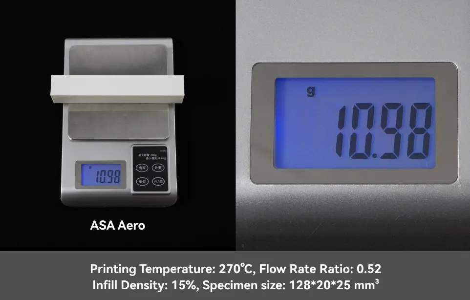lightweight 3D printed sample made with Bambu Lab ASA Aero White Filament Color Code 46100 shown on scale to demonstrate low density