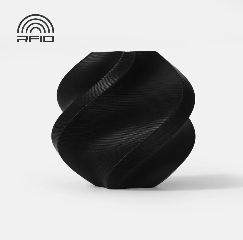 spiral vase 3D print made with Bambu Lab ASA Black Filament 1.75mm 1kg with Spool showing smooth layer lines and matte black finish (Color Code 45101)