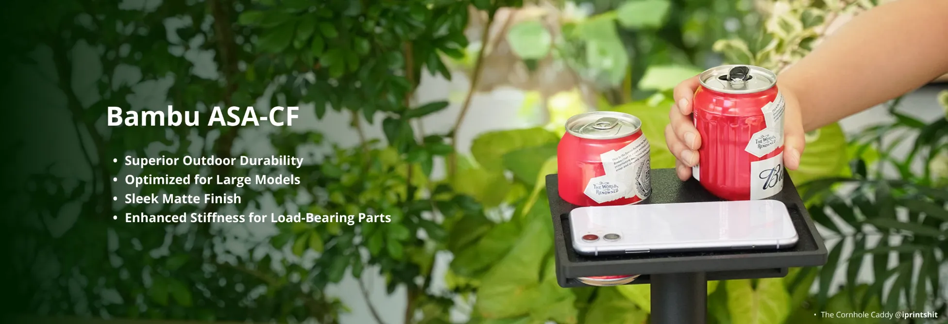 feature banner of Bambu Lab ASA-CF Black Filament showing outdoor durability large model optimization matte finish and enhanced stiffness for load bearing parts