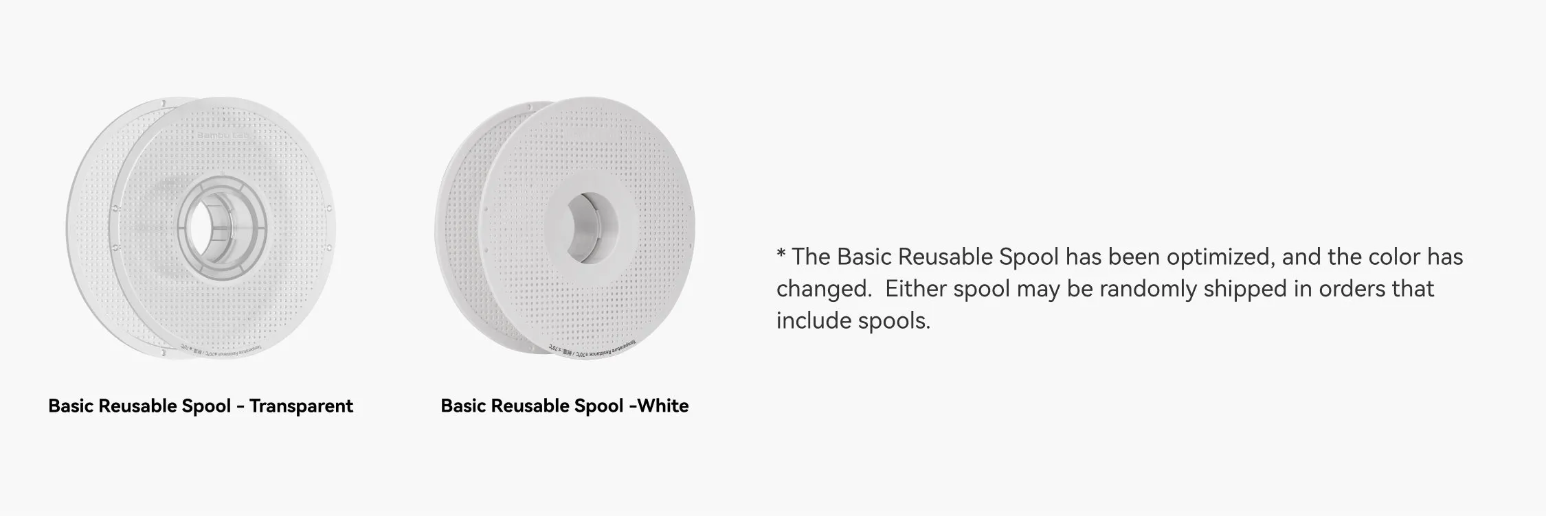 Bambu Lab reusable filament spool transparent and white versions