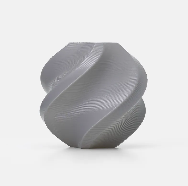 Spiral vase 3D printed with Bambu Lab Gray TPU 95A HF Filament 1KG 1.75MM with Spool (Color Code:51101), showing flexible TPU surface texture and visible FDM layer lines