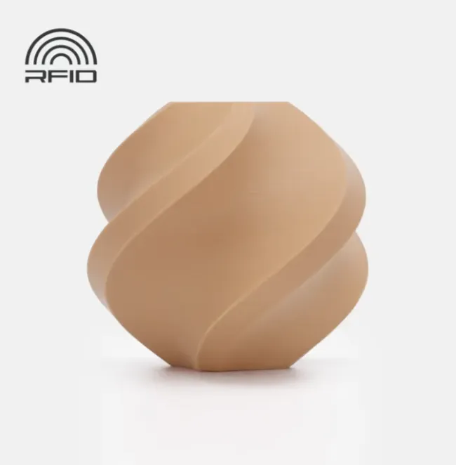 Spiral geometric 3D printed sample in matte caramel brown with smooth curved surface and warm golden-brown tone