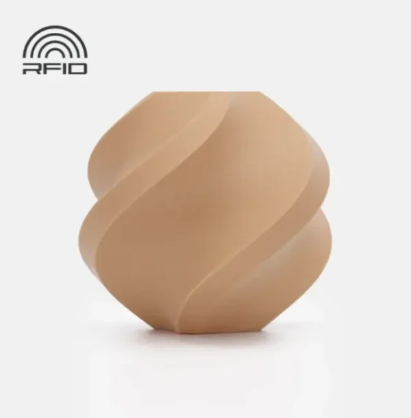 Spiral geometric 3D printed sample in matte caramel brown with smooth curved surface and warm golden-brown tone