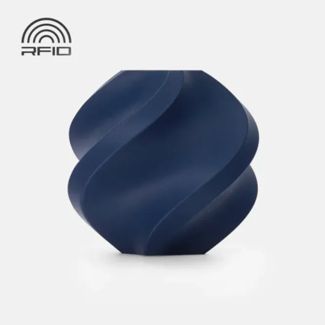Spiral geometric 3D printed sample in matte dark blue with smooth curved surface and subtle layer lines