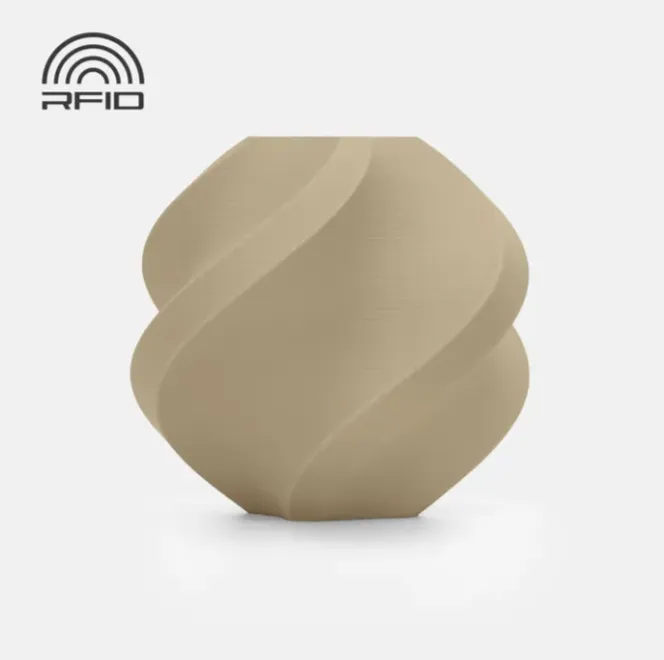 Spiral geometric 3D printed sample in matte desert tan with smooth curved surfaces and soft neutral tone