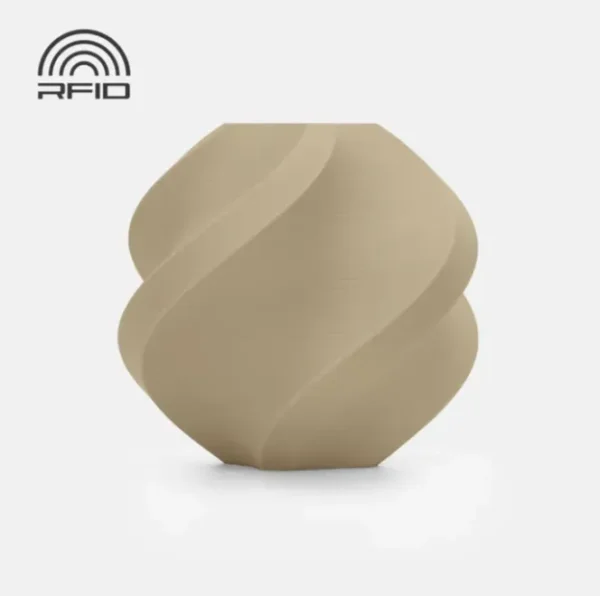 Bambu Lab Matte Desert Tan Spiral Geometric Sample – Color Code 11401 Spiral geometric 3D printed sample in matte desert tan with smooth curved surfaces and soft neutral tone