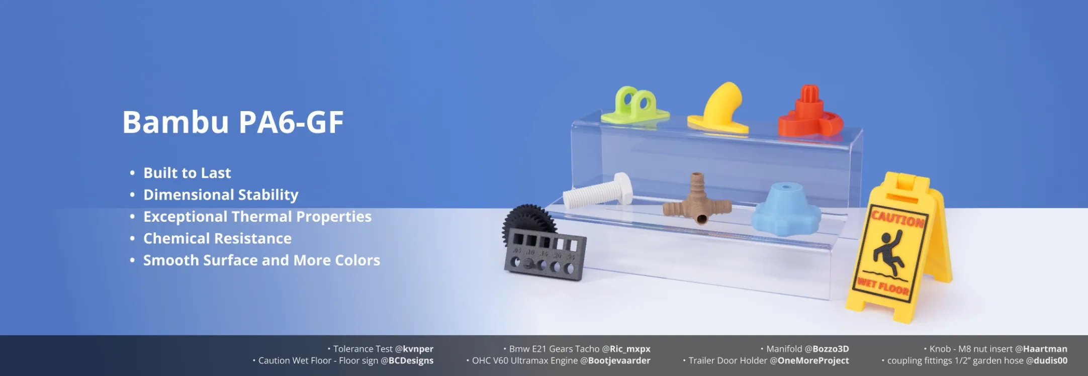 engineering parts printed with Bambu Lab PA6-GF Filament demonstrating strength dimensional stability and heat resistance