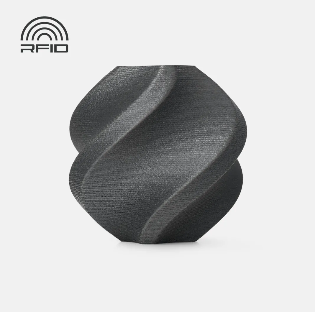 spiral vase test print made with Bambu Lab PA6-GF Gray 3D Printer Filament 1.75mm with Spool showing matte glass fiber reinforced nylon surface texture (Color Code 72103)