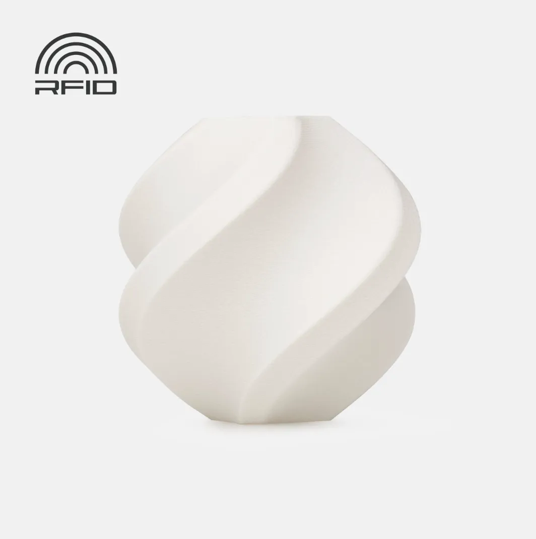 spiral vase test print made with Bambu Lab PA6-GF White 3D Printer Filament 1.75mm with Spool showing smooth glass fiber reinforced nylon texture (Color Code 72102)