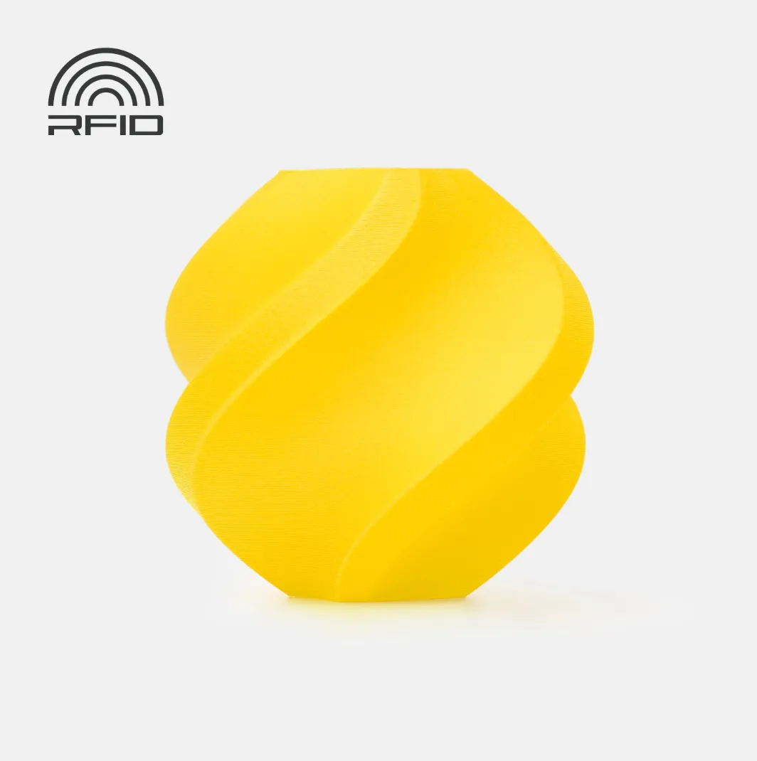 spiral vase test print made with Bambu Lab PA6-GF Yellow 3D Printer Filament 1.75mm with Spool showing matte glass fiber reinforced nylon texture (Color Code 72400)