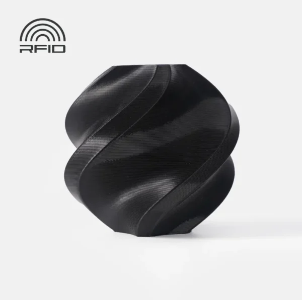 spiral vase test print made with Bambu Lab PC Black Filament 1kg/Spool showing smooth layer lines and glossy black polycarbonate finish (Color Code 60101)