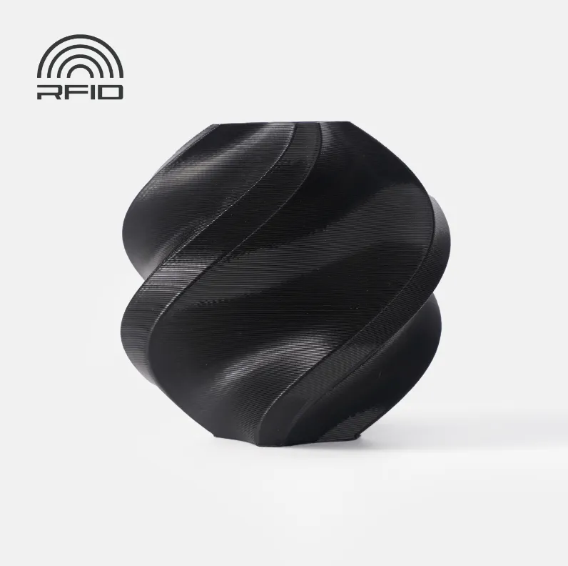 spiral vase test print made with Bambu Lab PC Black Filament 1kg/Spool showing smooth layer lines and glossy black polycarbonate finish (Color Code 60101)