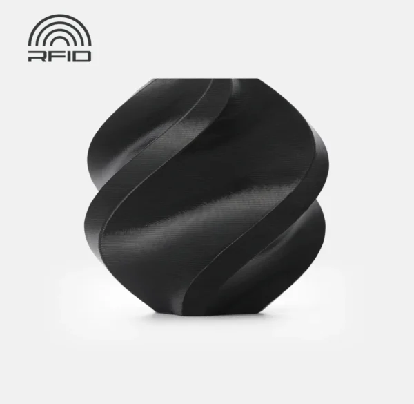 spiral vase sample 3D printed with Bambu Lab PC-FR Black filament showing smooth curved surface layers and RFID compatible filament system