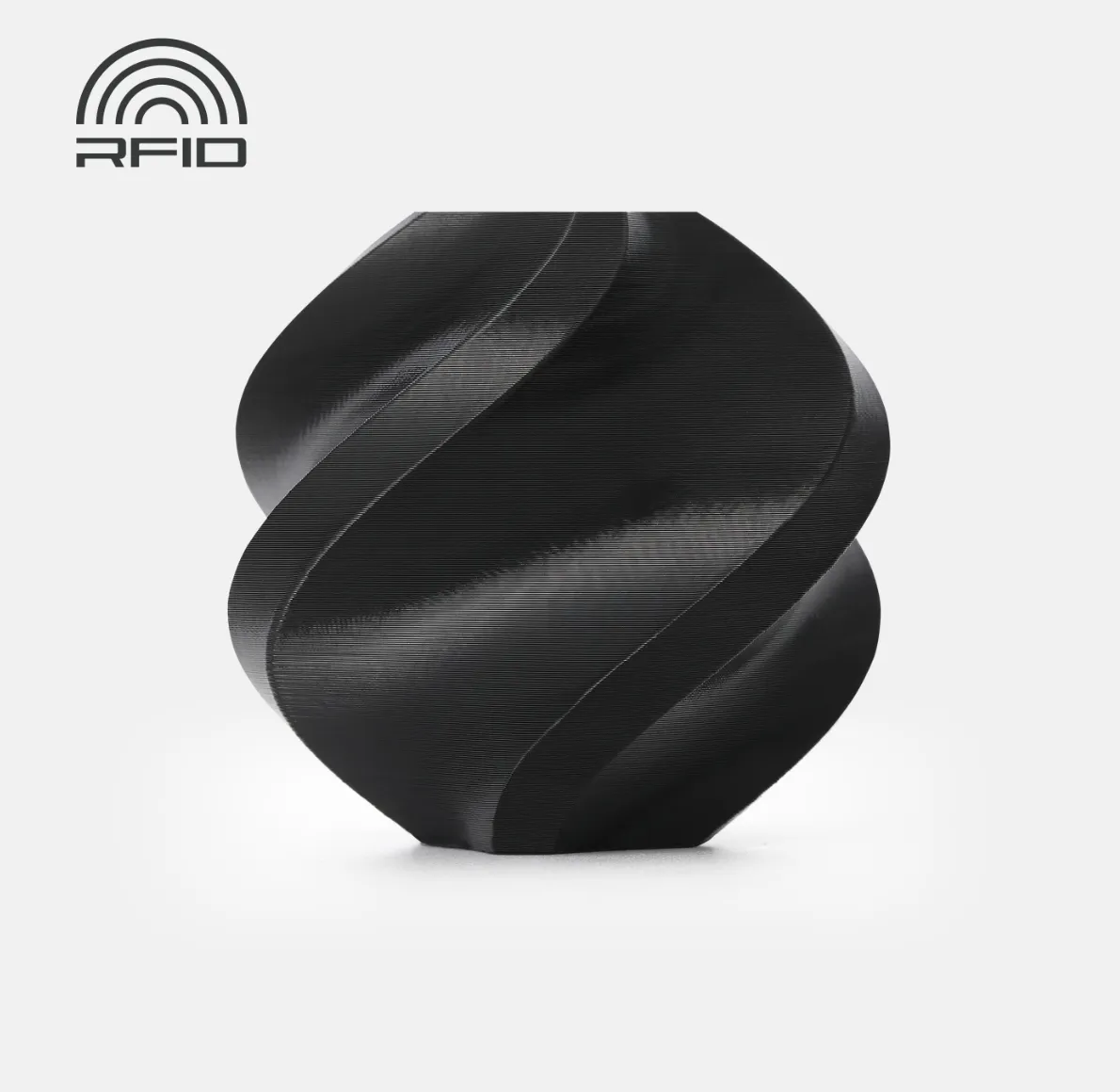spiral vase sample 3D printed with Bambu Lab PC-FR Black filament showing smooth curved surface layers and RFID compatible filament system