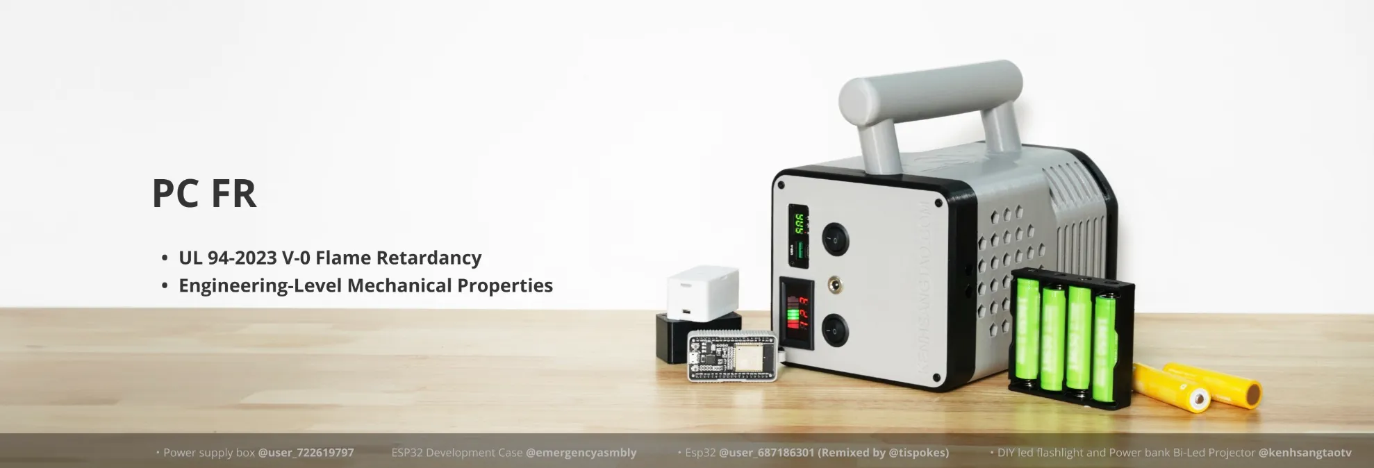 3D printed power supply enclosure and electronics cases made with Bambu Lab PC-FR filament displayed with ESP32 board and 18650 batteries