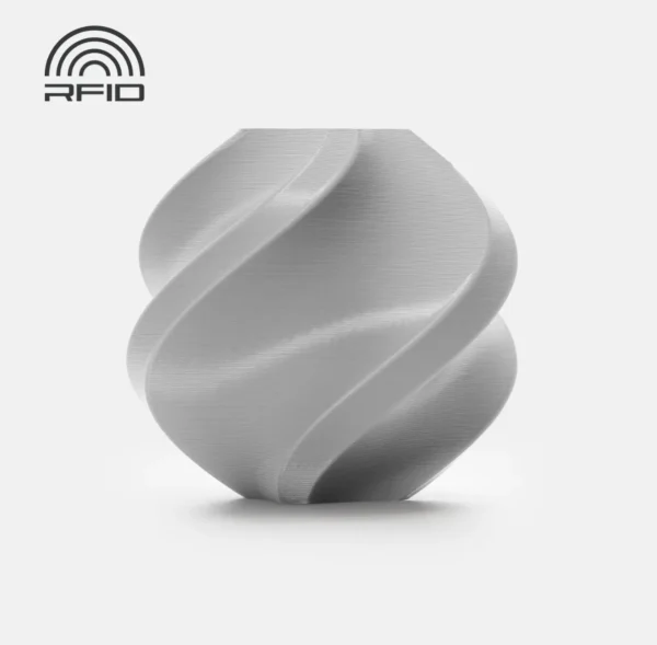 3D printed spiral vase sample made with Bambu Lab PC-FR Gray Filament 1.75mm 1kg with Spool, Color Code 63102, flame-retardant polycarbonate filament with RFID compatibility