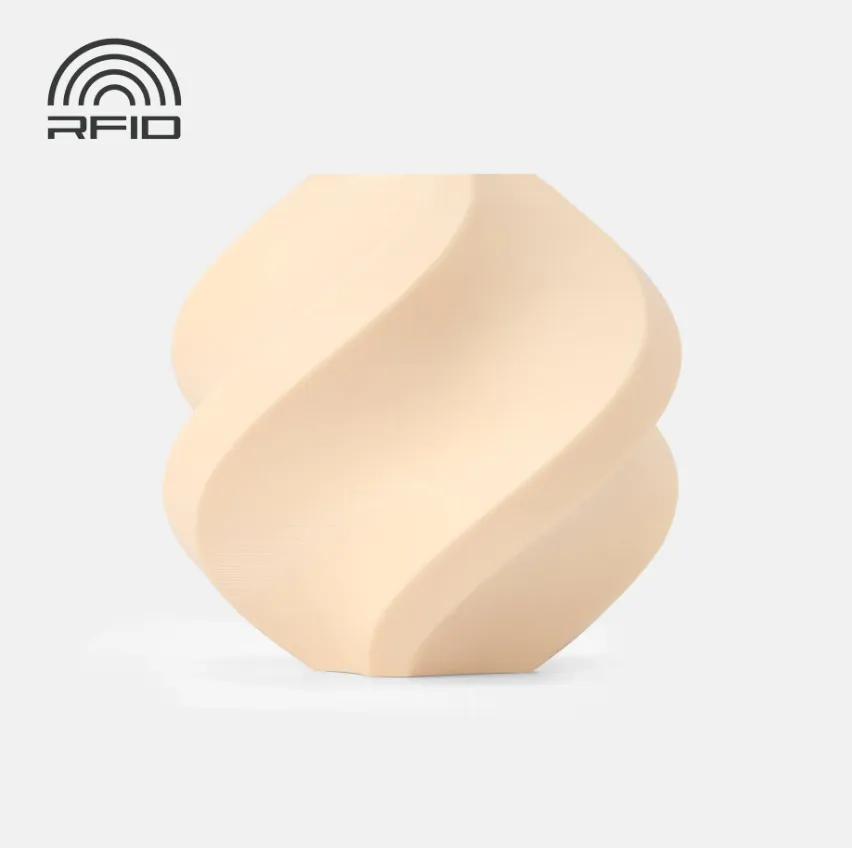 Official render of Bambu Lab PETG-HF Cream Filament 1.75mm 1kg Color Code 33401 showing smooth layered surface texture and RFID compatibility marking.