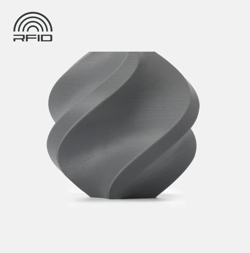 Official render of Bambu Lab PETG-HF Dark Gray Filament 1.75mm 1kg Color Code 33103 showing smooth layered surface texture and RFID compatibility marking.