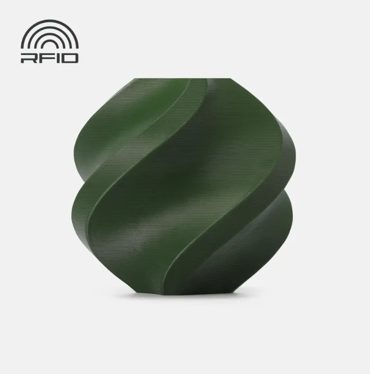 Official render of Bambu Lab PETG-HF Forest Green Filament 1.75mm 1kg Color Code 33502 showing deep forest green tone, smooth layered surface and RFID marking.