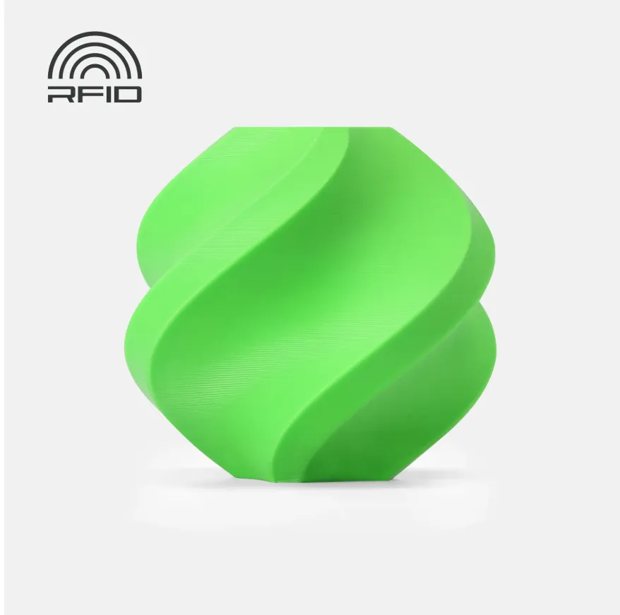 Official render of Bambu Lab PETG-HF Lime Green Filament 1.75mm 1kg Color Code 33501 showing vibrant lime green tone and smooth layered surface texture.