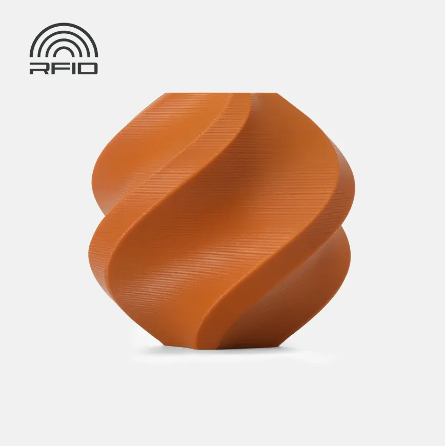 Official render of Bambu Lab PETG-HF Peanut Brown Filament 1.75mm 1kg Color Code 33801 showing smooth layered surface texture and RFID compatibility marking.