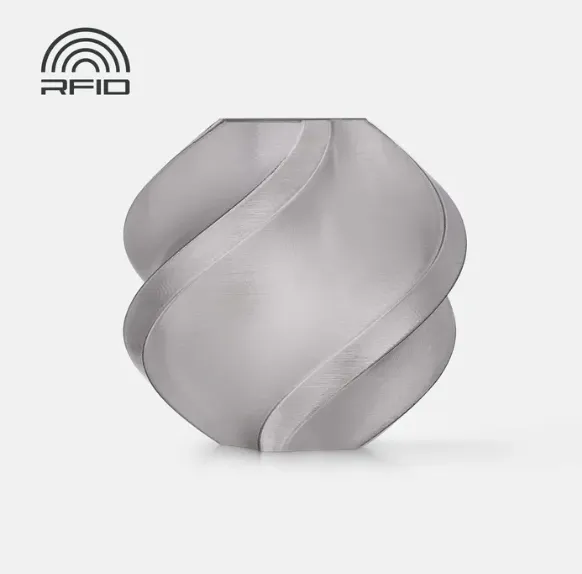 Official render of Bambu Lab PETG Translucent Gray Filament Color Code 32100 showing semi-transparent gray tone with smooth surface finish and RFID compatibility marking.