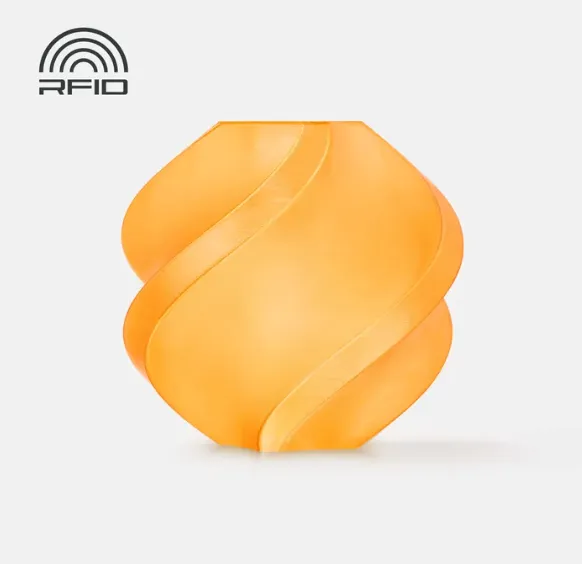 Official render of Bambu Lab PETG Translucent Orange Filament Color Code 32300 with RFID compatibility marking.