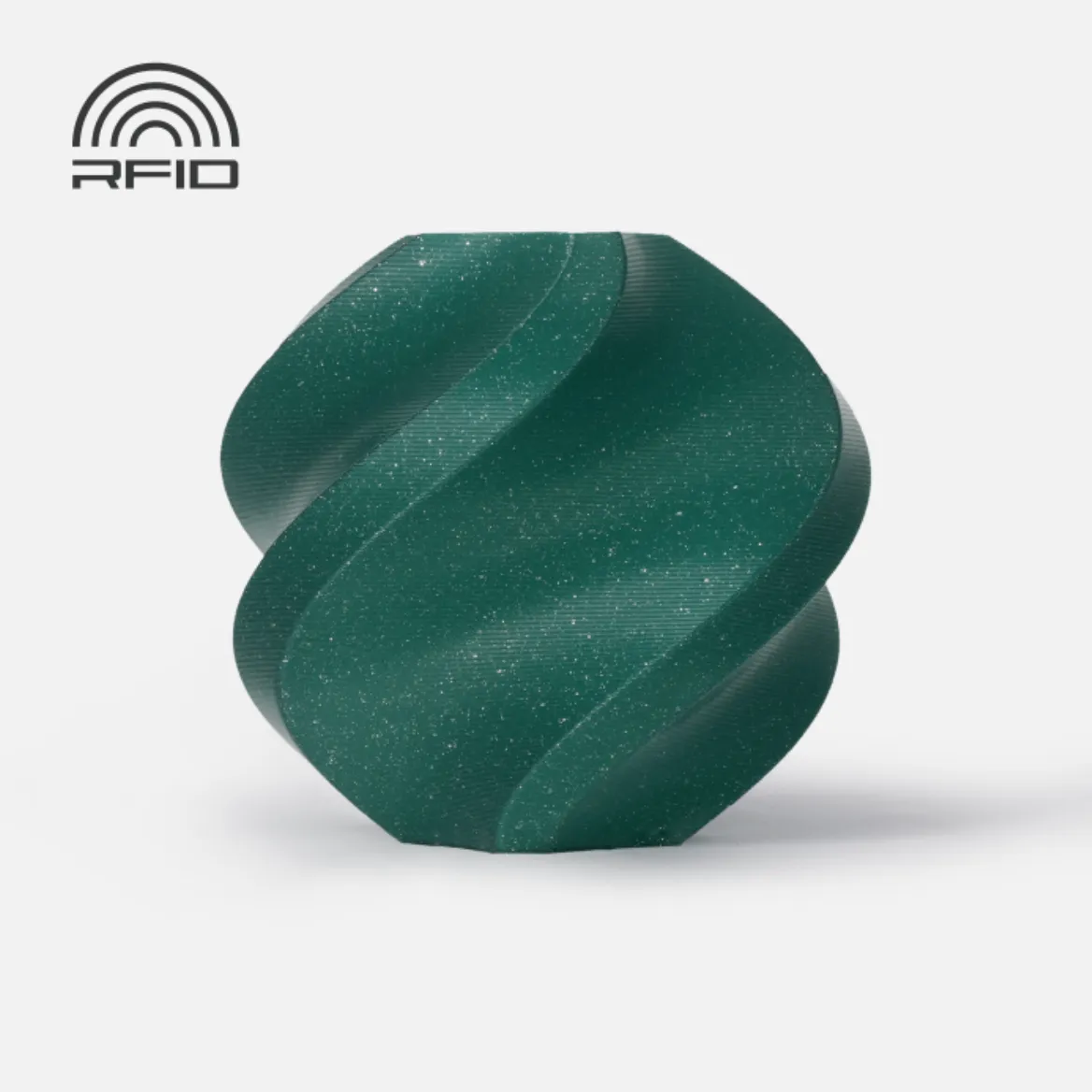 3D printed spiral vase made with Bambu Lab PLA Alpine Green Sparkle Filament 1kg Color Code 13501 showing glitter sparkle surface texture and smooth decorative finish with RFID compatible material