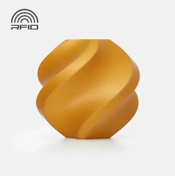 3D printed sample made with Bambu Lab PLA Classic Gold Sparkle Filament 1kg color code 13402 showing glitter texture and RFID compatible spool