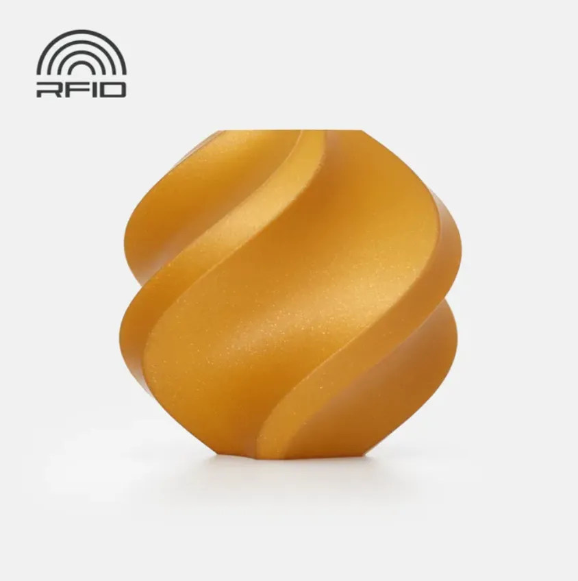 3D printed sample made with Bambu Lab PLA Classic Gold Sparkle Filament 1kg color code 13402 showing glitter texture and RFID compatible spool