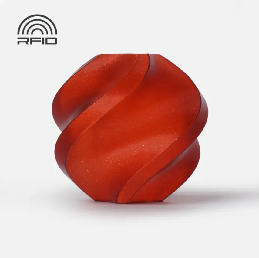 Spiral vase sample printed using Bambu Lab PLA Crimson Red Sparkle Filament 1kg (Color Code 13200) with a rich crimson red glitter sparkle finish.