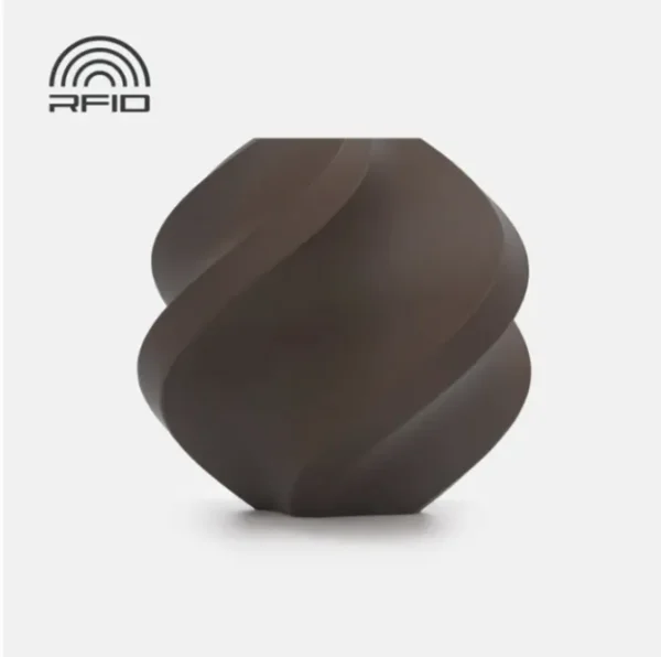 Spiral geometric 3D printed sample made with Bambu Lab PLA Matte Chocolate Brown Filament showing smooth matte surface and deep chocolate brown color
