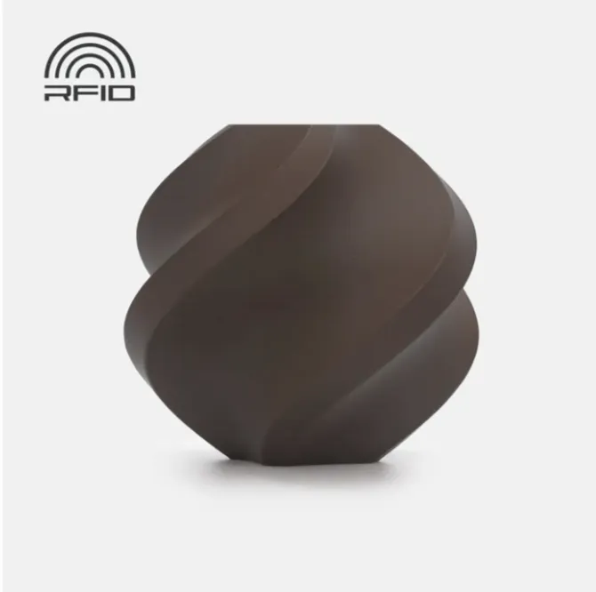 Spiral geometric 3D printed sample made with Bambu Lab PLA Matte Chocolate Brown Filament showing smooth matte surface and deep chocolate brown color