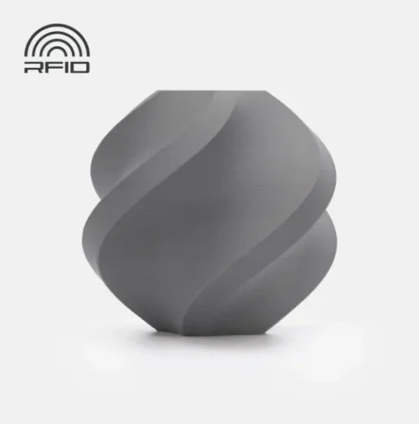 Spiral geometric 3D printed sample made with Bambu Lab PLA Matte Nardo Gray Filament showing smooth matte surface and neutral gray tone