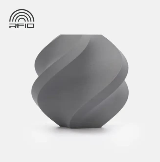 Spiral geometric 3D printed sample made with Bambu Lab PLA Matte Nardo Gray Filament showing smooth matte surface and neutral gray tone