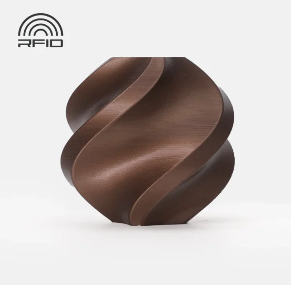 Swirl vase render printed with Bambu Lab PLA Metal Copper Brown Metallic Filament Color Code 13800 showing metallic copper sheen and smooth layered surface