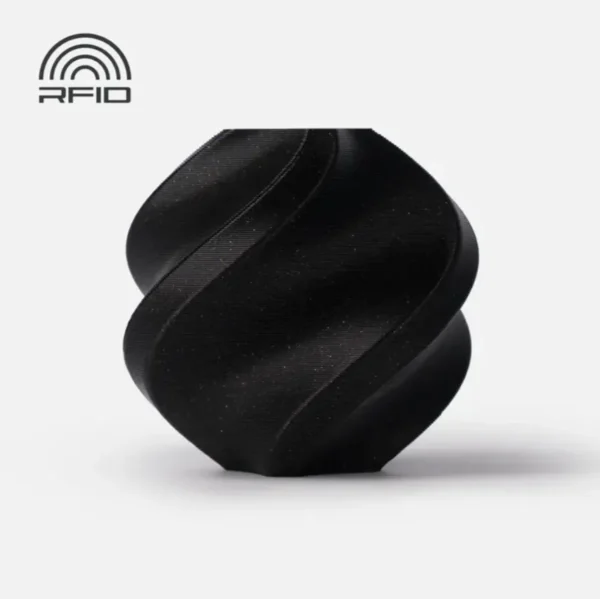 3D printed spiral vase sample made with Bambu Lab PLA Onyx Black Sparkle Filament 1kg featuring a subtle glitter finish and RFID compatible spool, Color Code 13101
