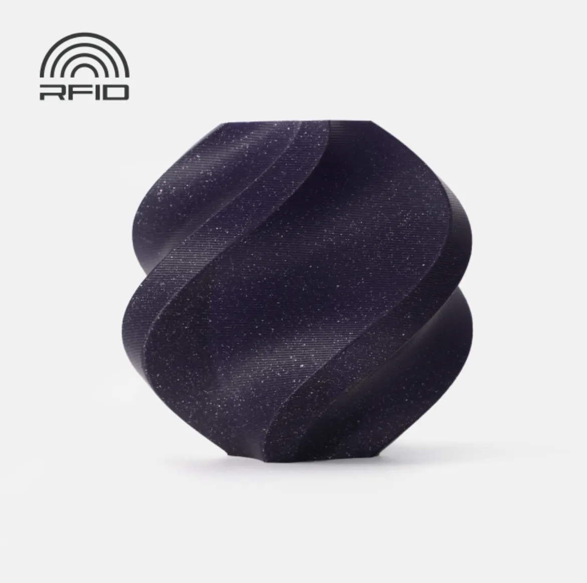 3D printed spiral vase made with Bambu Lab PLA Royal Purple Sparkle Filament 1kg Color Code 13700 showing glitter sparkle texture and smooth decorative finish with RFID compatible material