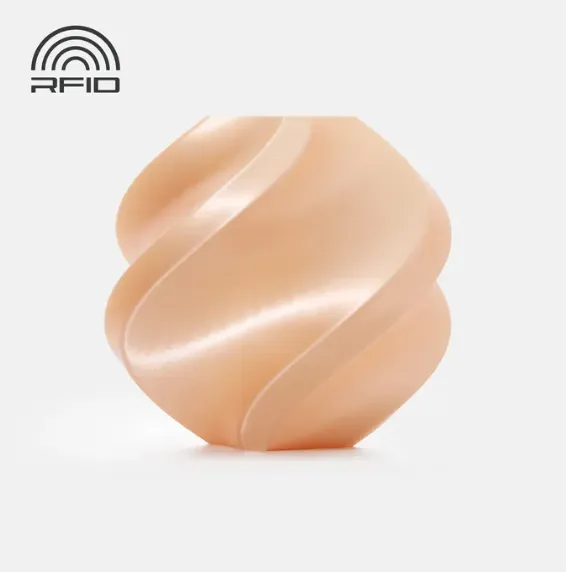 Official render of Bambu Lab PLA Silk+ Champagne Filament Color Code 13404 with RFID compatibility icon.