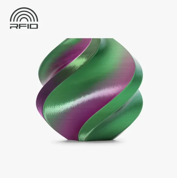 Bambu Lab PLA Silk Mystic Magenta Filament 1.75mm 1kg Spool Product Render Color Code 13913 Swirl vase render printed with Bambu Lab PLA Silk Mystic Magenta Filament 1.75mm 1kg Spool Color Code 13913 showing glossy silk finish and dual-tone effect