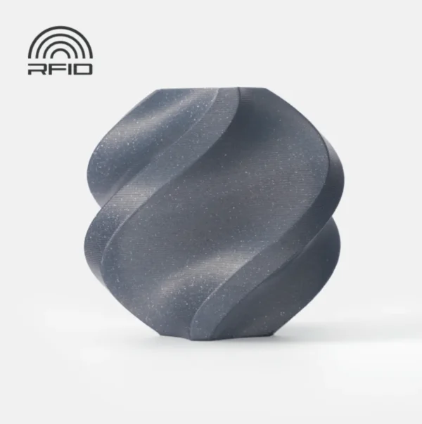Bambu Lab PLA Slate Gray Sparkle Filament 1kg – 3D Printed Spiral Vase Sample (Color Code 13102) 3D printed spiral vase made with Bambu Lab PLA Slate Gray Sparkle Filament 1kg Color Code 13102 showing glitter sparkle texture and smooth decorative surface with RFID compatible material