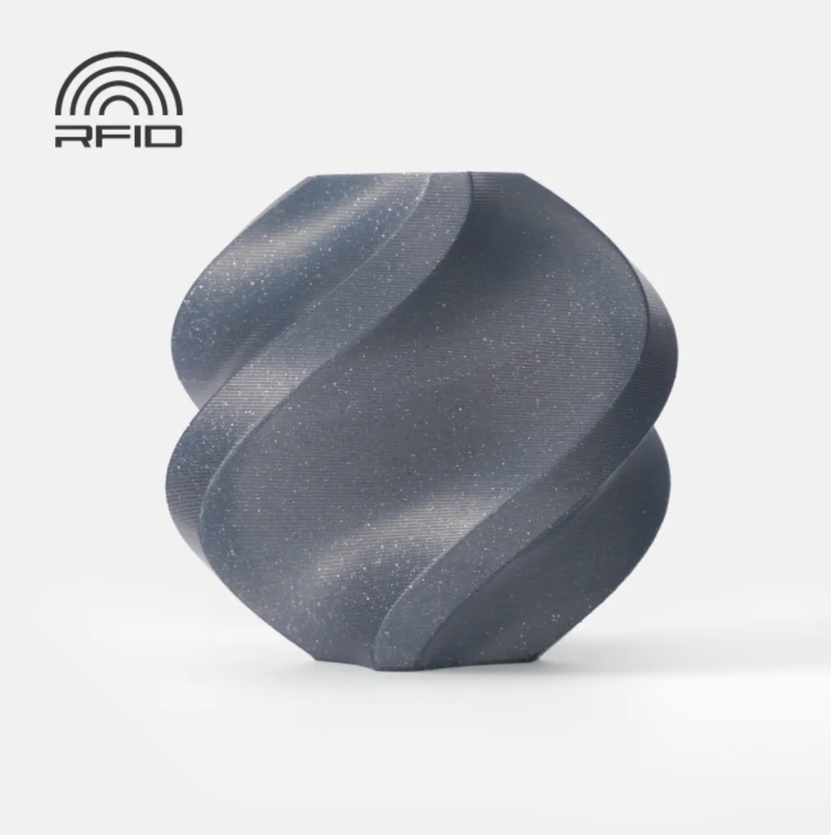 3D printed spiral vase made with Bambu Lab PLA Slate Gray Sparkle Filament 1kg Color Code 13102 showing glitter sparkle texture and smooth decorative surface with RFID compatible material