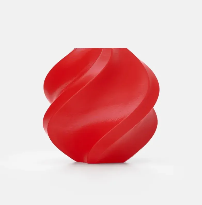 Spiral vase model 3D printed using Bambu Lab Red TPU 95A HF Filament 1KG 1.75MM with Spool, flexible high-flow TPU material sample with smooth surface finish (Color Code 51200)