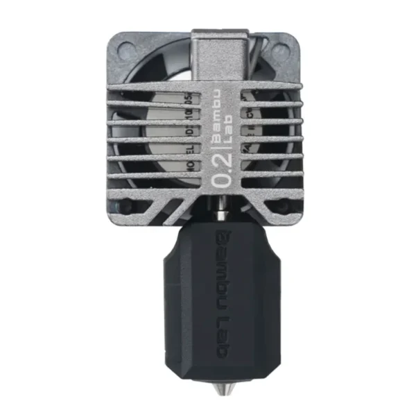 close up of Bambu Lab X1E hotend with 0.2mm stainless steel nozzle showing heatsink and nozzle tip