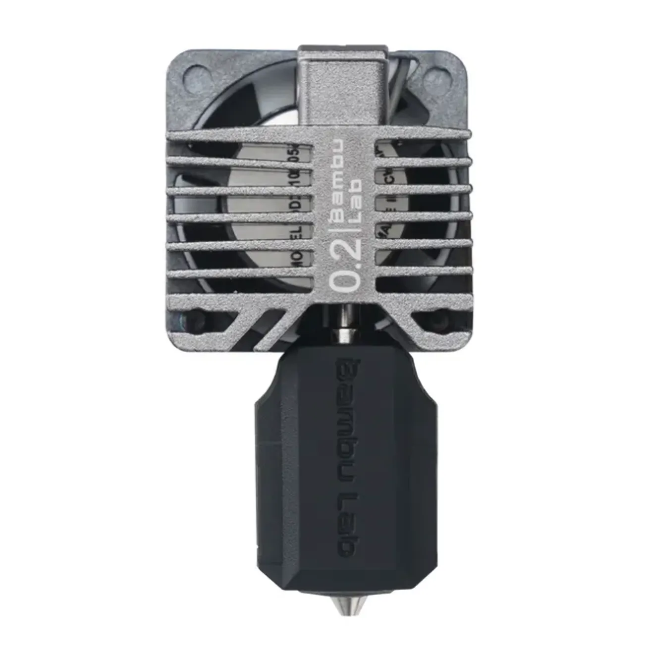 close up of Bambu Lab X1E hotend with 0.2mm stainless steel nozzle showing heatsink and nozzle tip