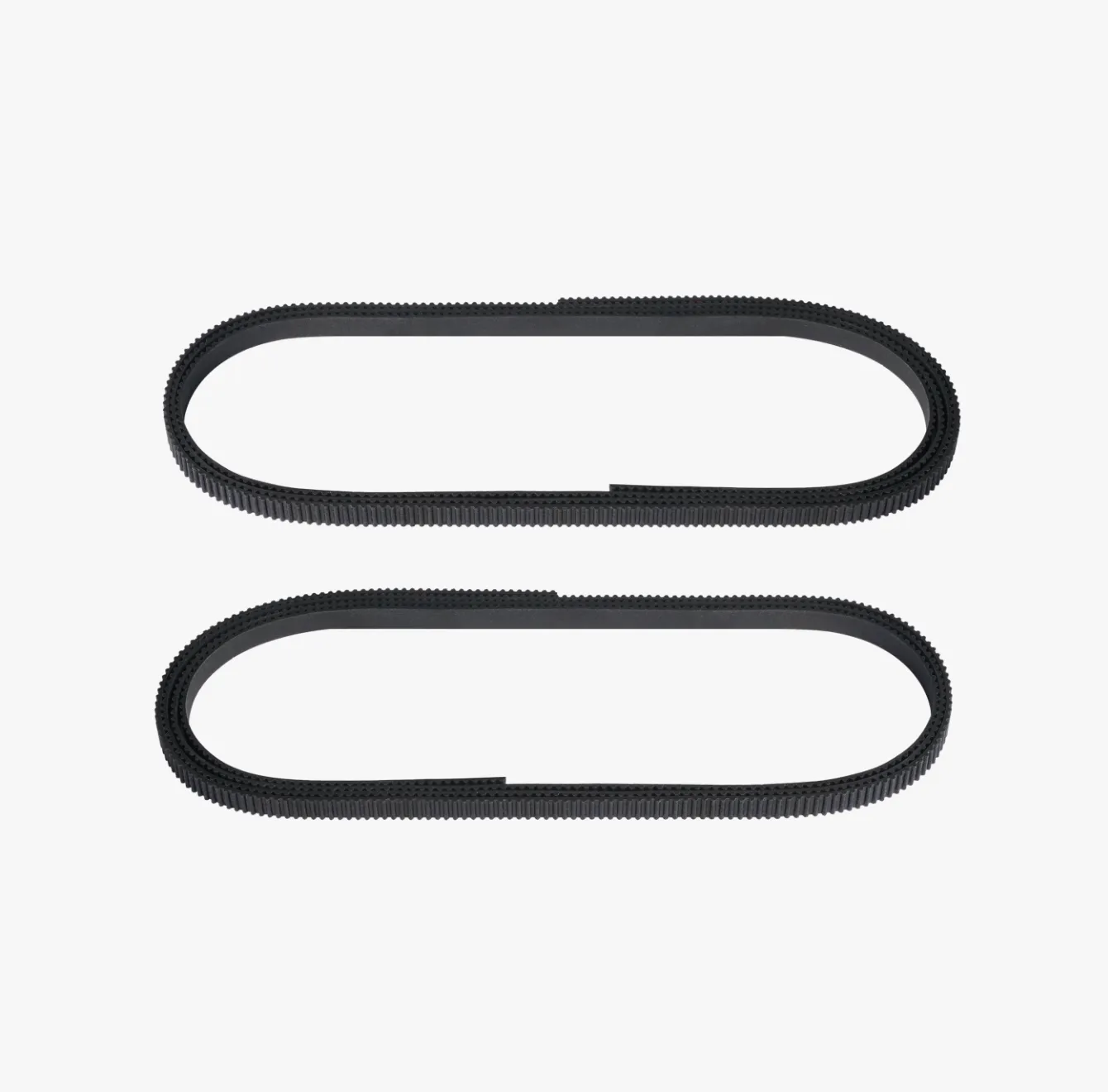 two black XY belts for Bambu Lab P2S 3D printer laid flat showing toothed timing belt design
