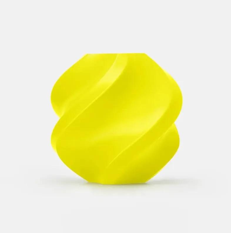 Spiral vase model 3D printed with Bambu Lab Yellow TPU 95A HF Filament 1KG 1.75MM with Spool, flexible high-flow TPU material sample in bright yellow (Color Code 51400)